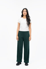 Rib Knit Wide Leg Pant with Pocket - Dark Green