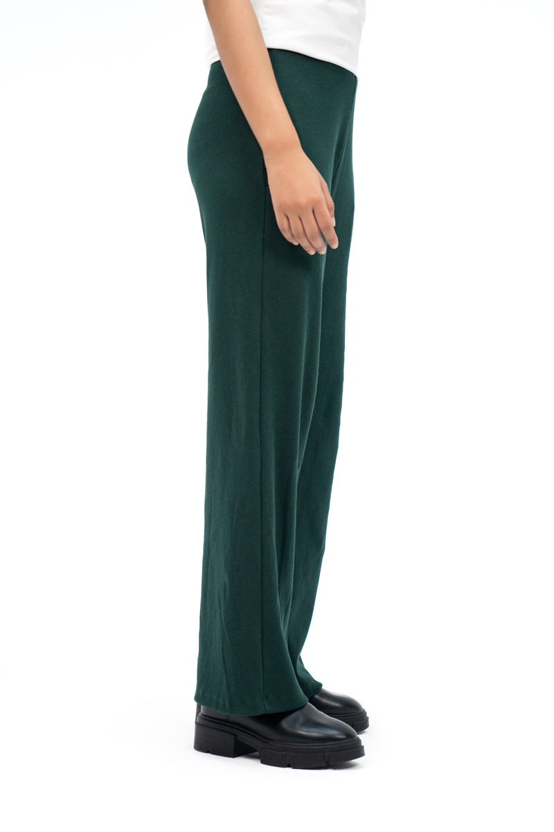 Rib Knit Wide Leg Pant with Pocket - Dark Green