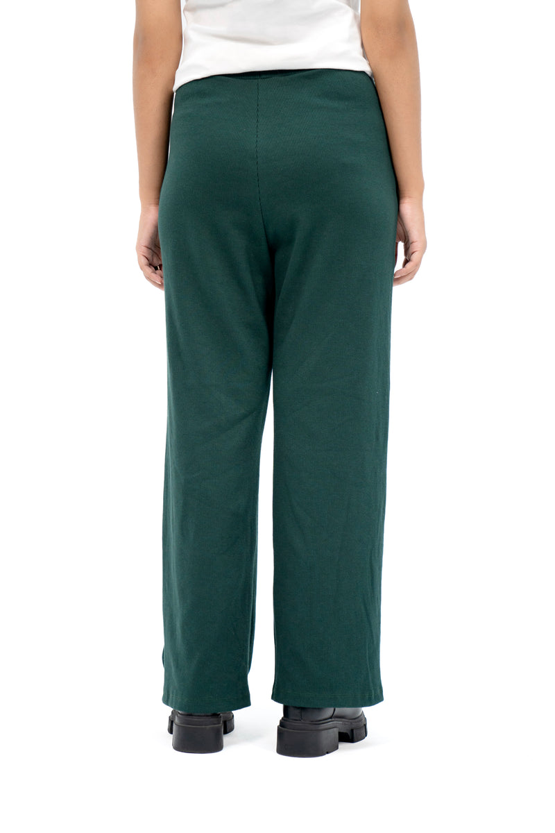 Rib Knit Wide Leg Pant with Pocket - Dark Green