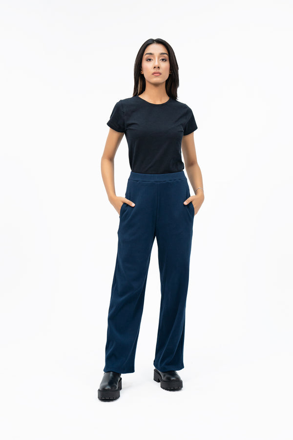 Rib Knit Wide Leg Pant with Pocket - Navy Blue