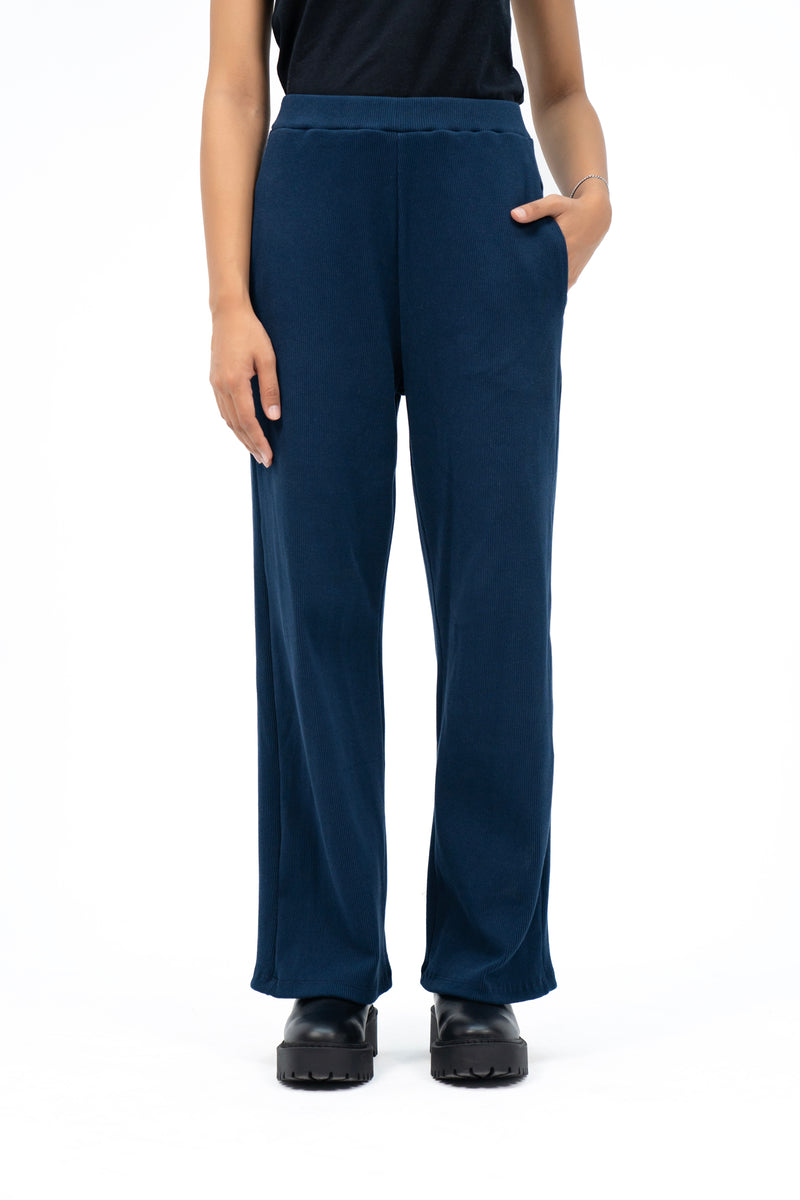 Rib Knit Wide Leg Pant with Pocket - Navy Blue