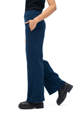 Rib Knit Wide Leg Pant with Pocket - Navy Blue