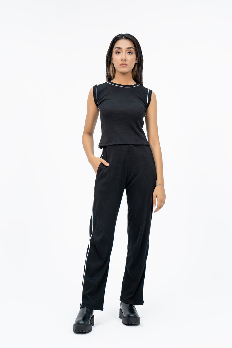 Rib Knit Pant with Contrast Trims - Black