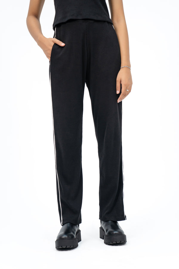 Rib Knit Pant with Contrast Trims - Black