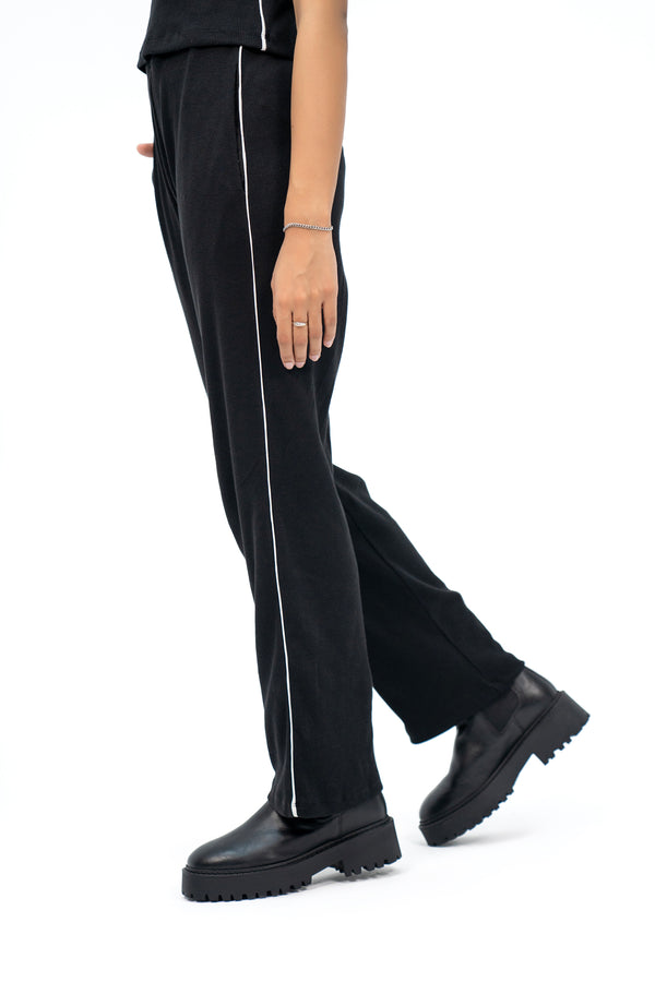 Rib Knit Pant with Contrast Trims - Black