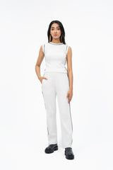 Rib Knit Pant with Contrast Trims - White