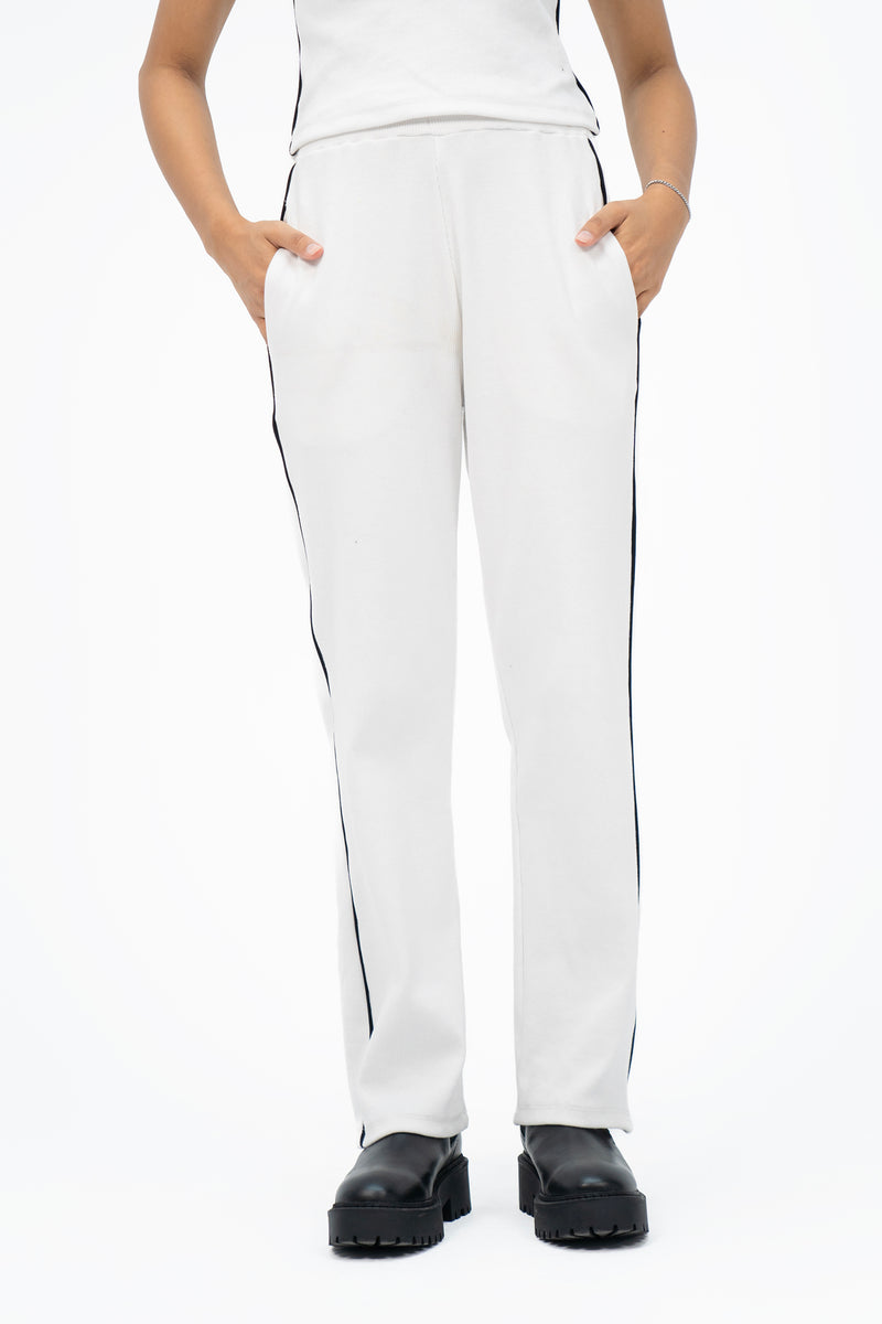 Rib Knit Pant with Contrast Trims - White