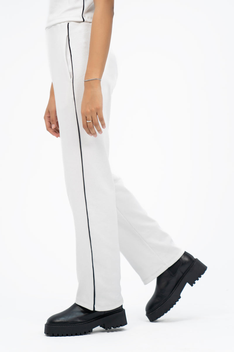 Rib Knit Pant with Contrast Trims - White