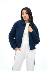 Teddy Faux Fur Bomber Jacket - Navy Blue