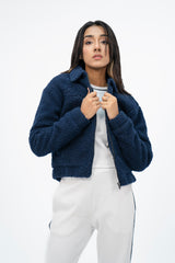 Teddy Faux Fur Bomber Jacket - Navy Blue