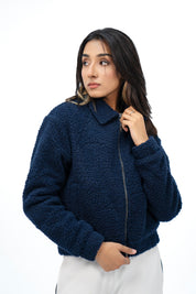 Teddy Faux Fur Bomber Jacket - Navy Blue