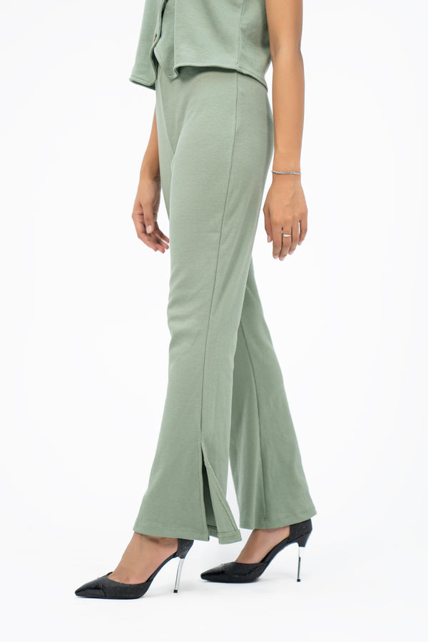 Flared Knit Pant With Side Slit - Pistachio