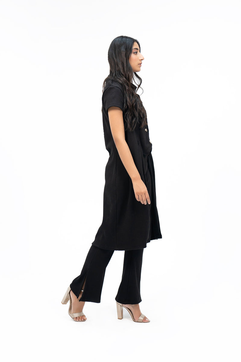 Longline Ribbed Knit Cardigan - Black