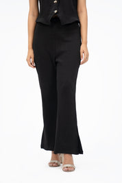 Flared Knit Pant With Side Slit - Black