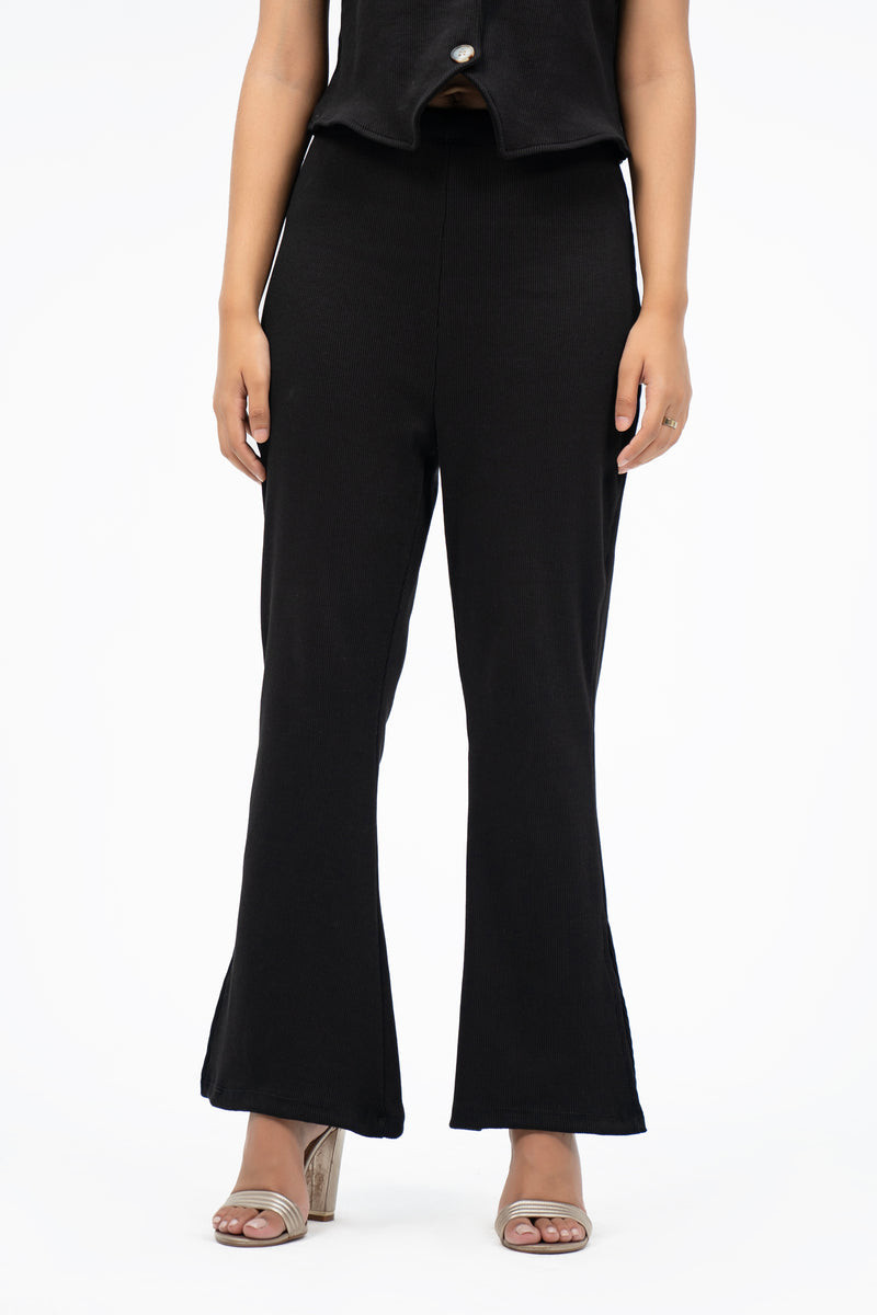 Flared Knit Pant With Side Slit - Black