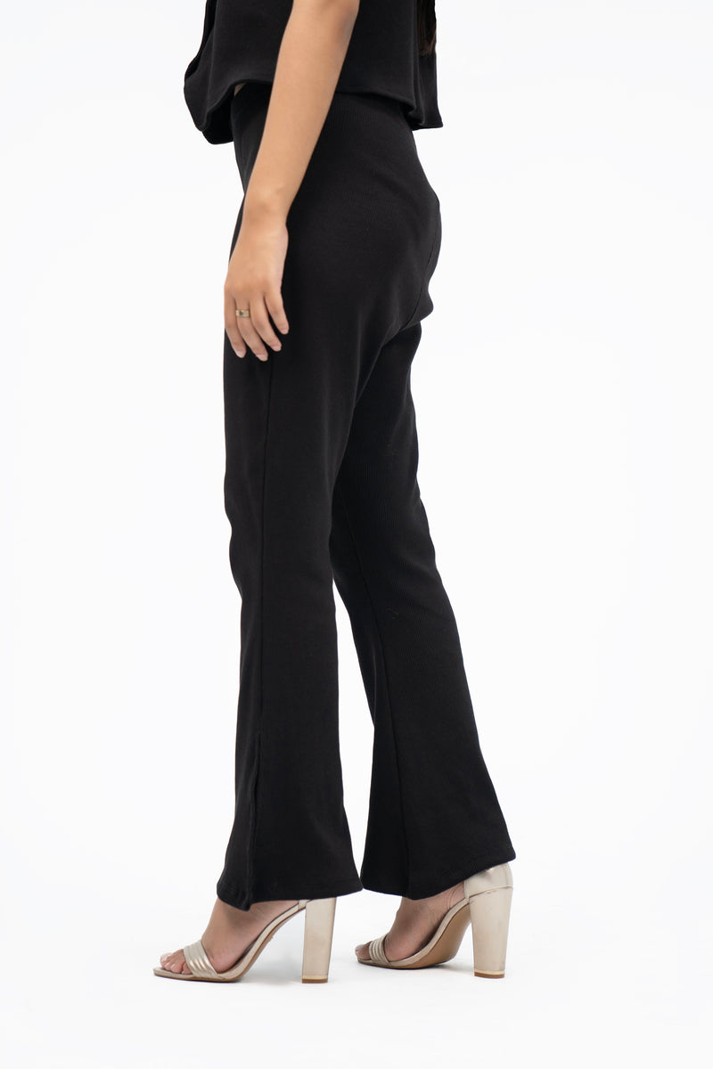 Flared Knit Pant With Side Slit - Black