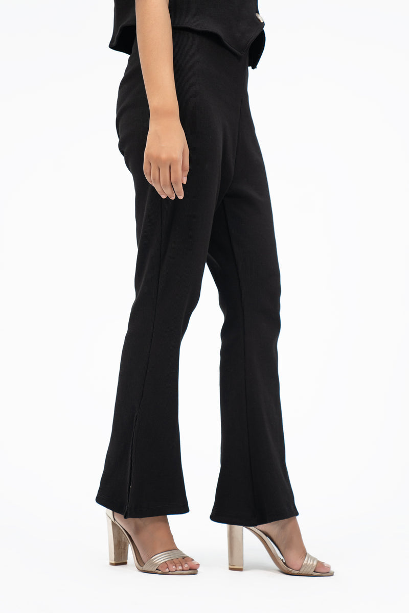 Flared Knit Pant With Side Slit - Black