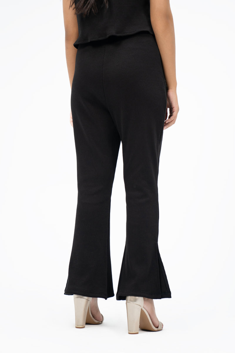 Flared Knit Pant With Side Slit - Black