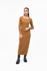 Square Neck Knitted Dress - Mustard Brown