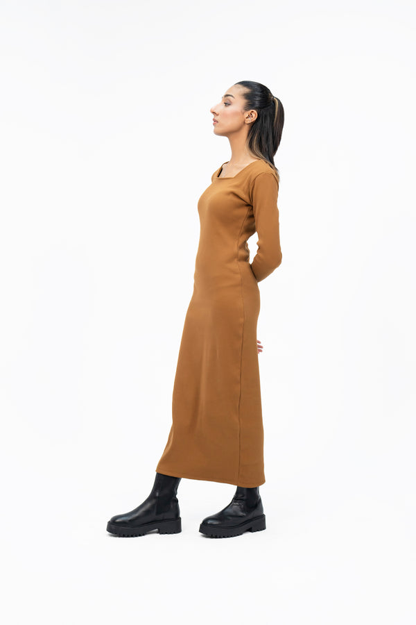 Square Neck Knitted Dress - Mustard Brown