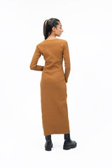 Square Neck Knitted Dress - Mustard Brown