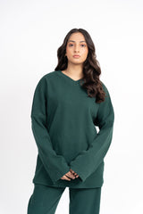 V Neck Oversized Knit Top - Dark Green