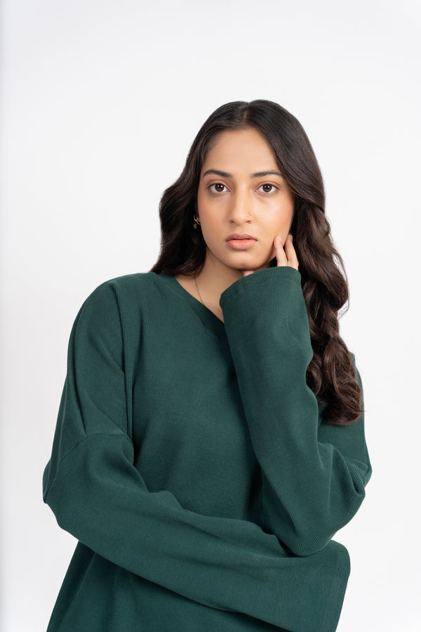 V Neck Oversized Knit Top - Dark Green
