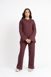 Rib Knit Wide Leg Pant with Pocket - Dark Maroon
