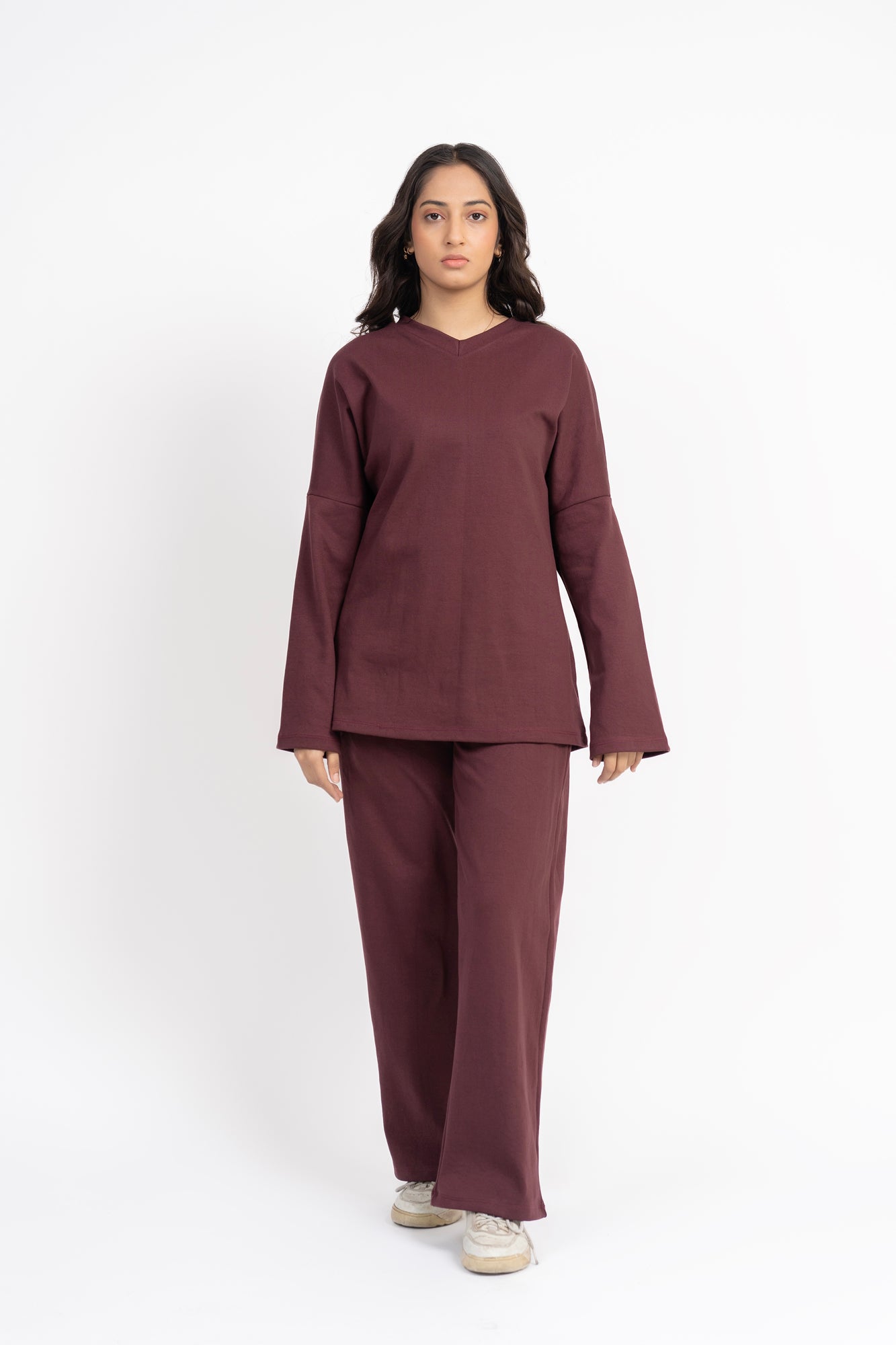 Rib Knit Wide Leg Pant with Pocket - Dark Maroon