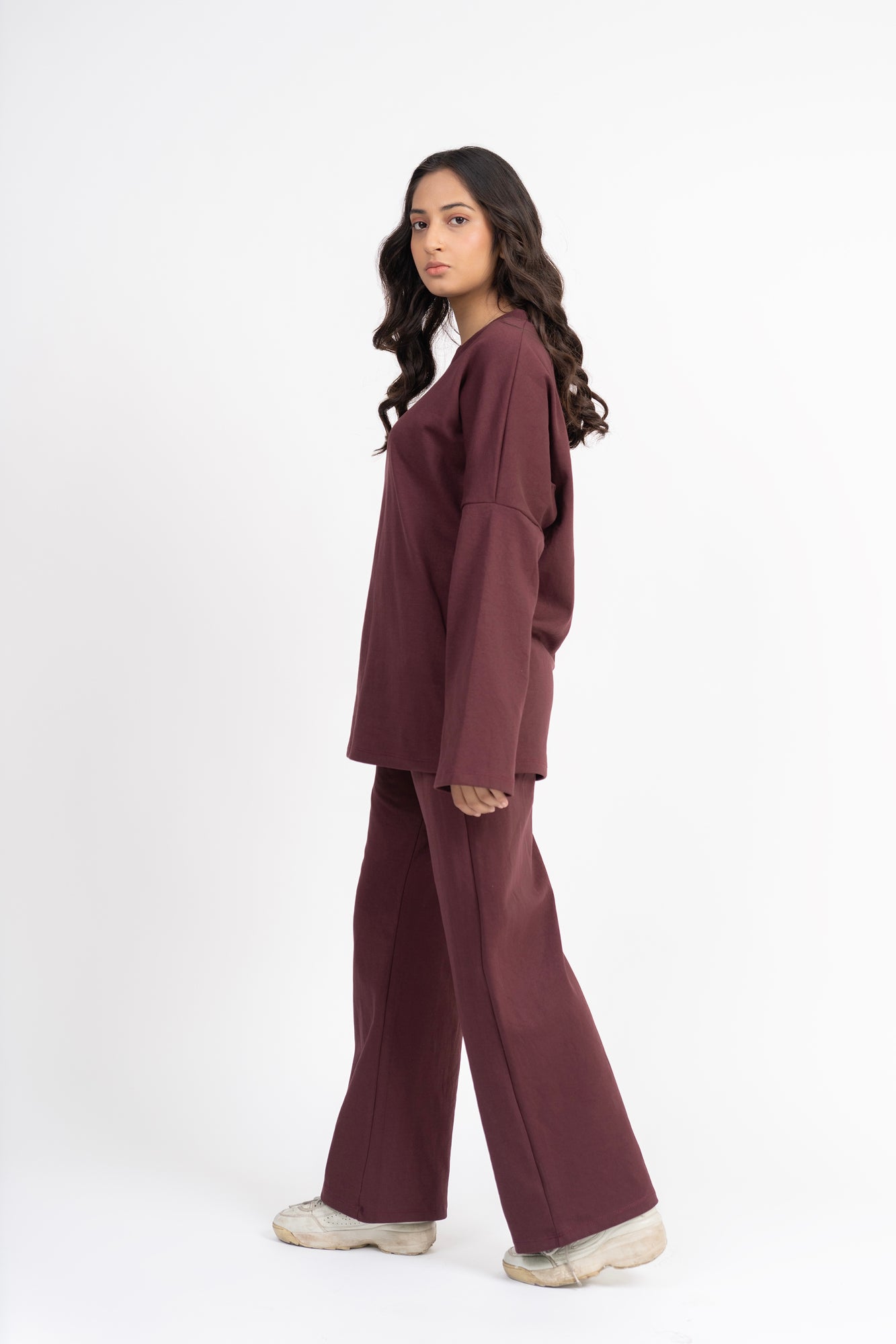 Rib Knit Wide Leg Pant with Pocket - Dark Maroon
