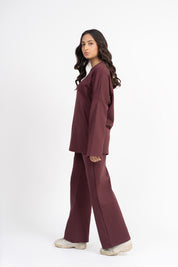Rib Knit Wide Leg Pant with Pocket - Dark Maroon