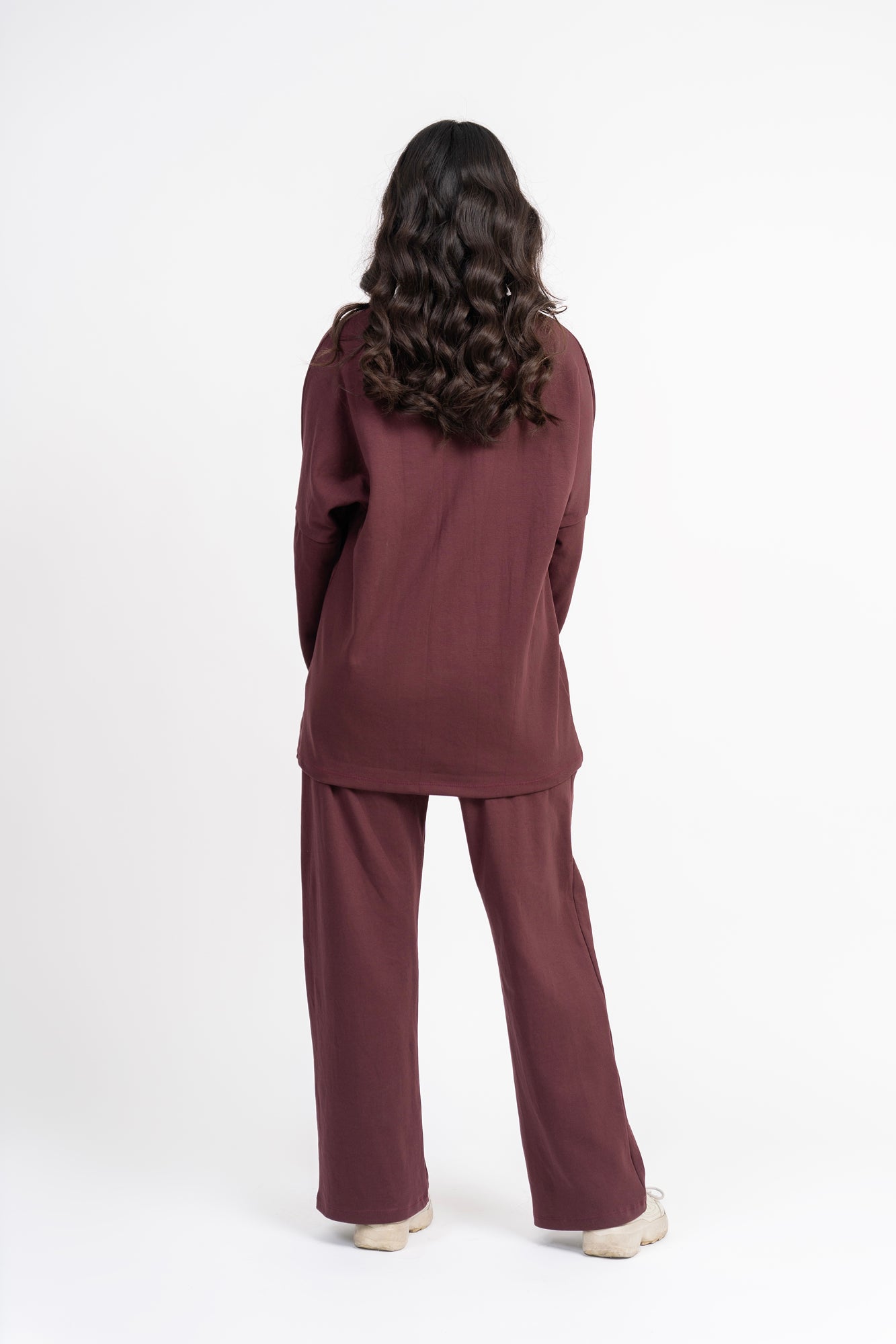 Rib Knit Wide Leg Pant with Pocket - Dark Maroon