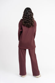 Rib Knit Wide Leg Pant with Pocket - Dark Maroon