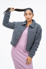 Teddy Faux Fur Bomber Jacket - Grey