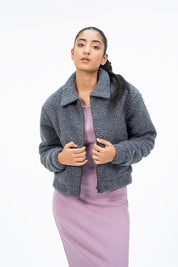 Teddy Faux Fur Bomber Jacket - Grey