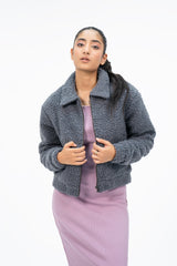 Teddy Faux Fur Bomber Jacket - Grey