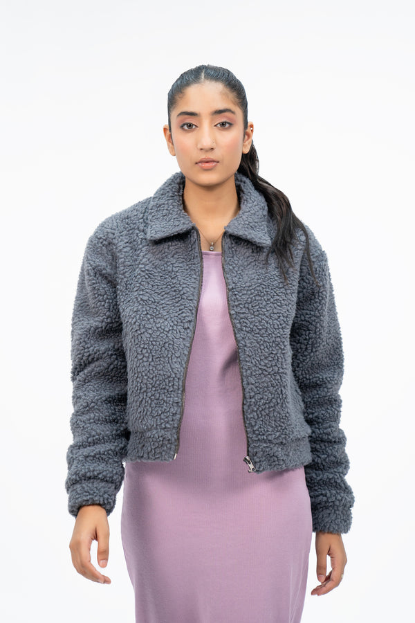 Teddy Faux Fur Bomber Jacket - Grey