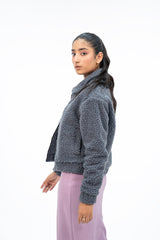 Teddy Faux Fur Bomber Jacket - Grey