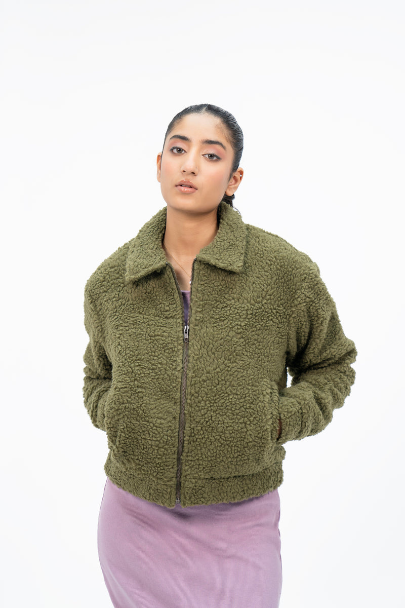 Teddy Faux Fur Bomber Jacket - Olive