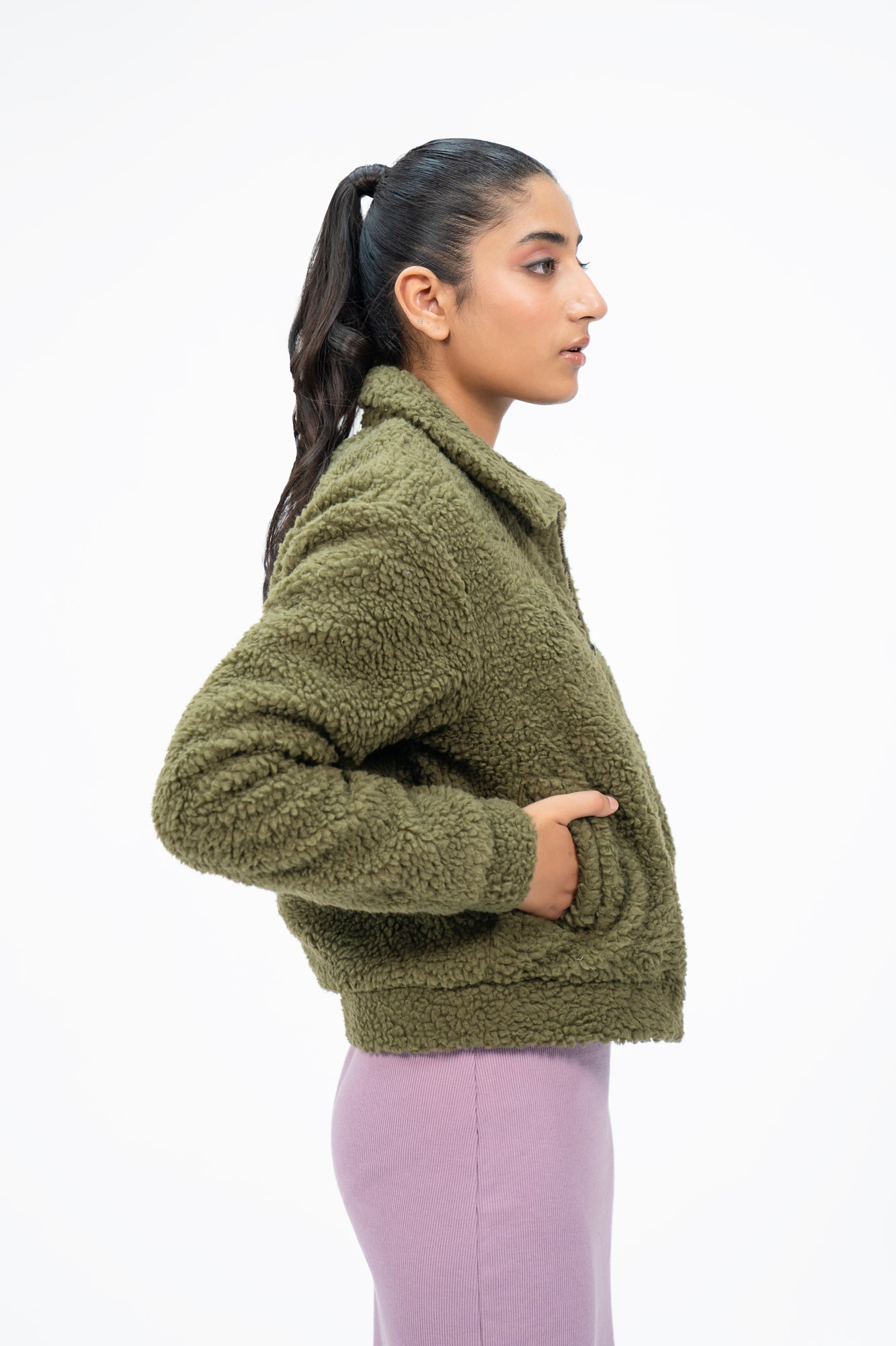 Teddy Faux Fur Bomber Jacket - Olive