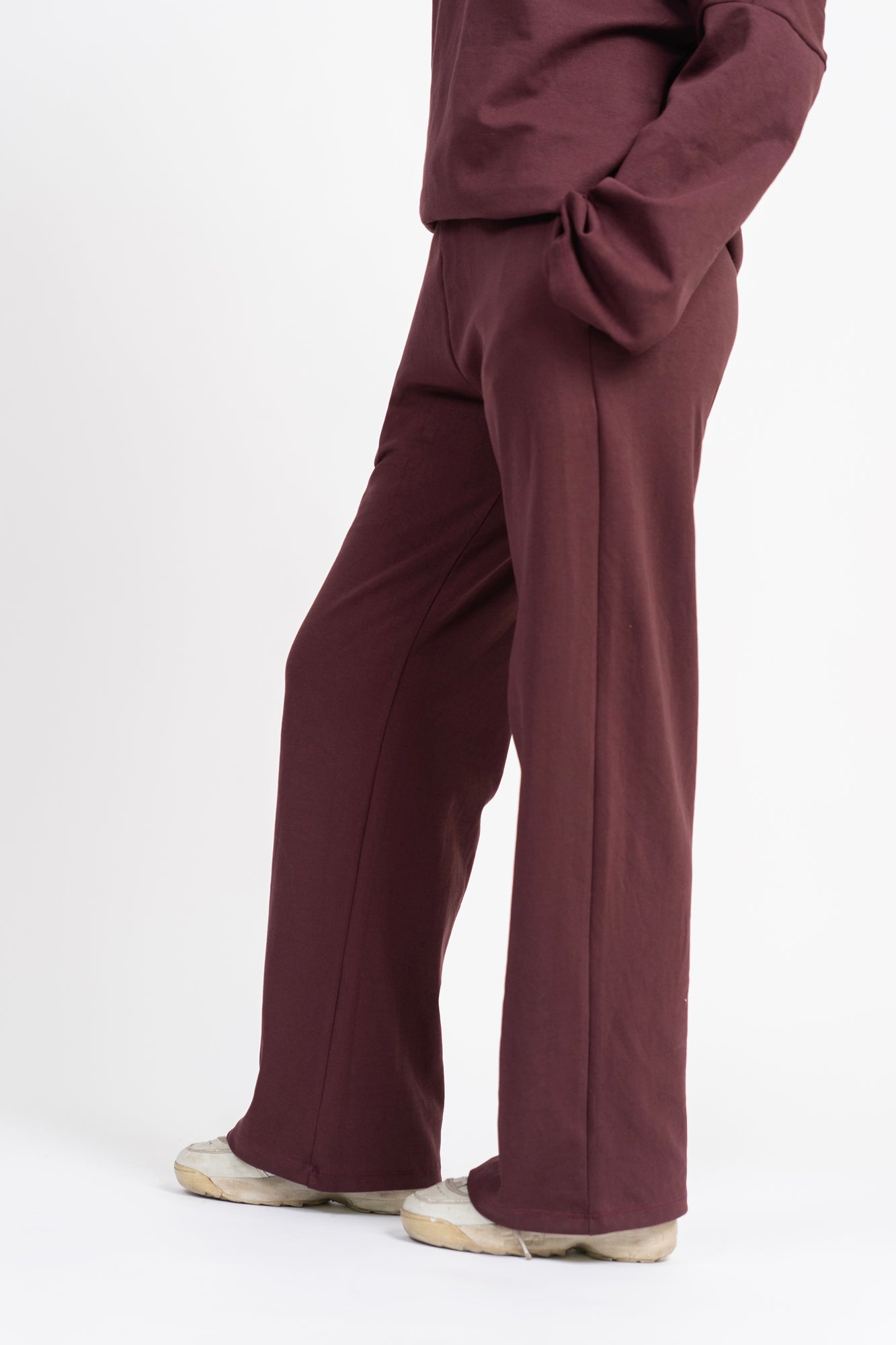 Rib Knit Wide Leg Pant with Pocket - Dark Maroon