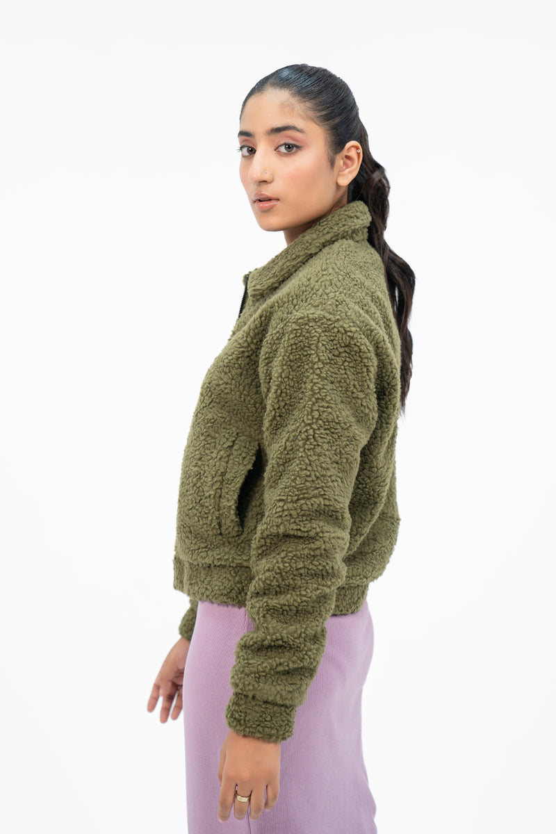 Teddy Faux Fur Bomber Jacket - Olive