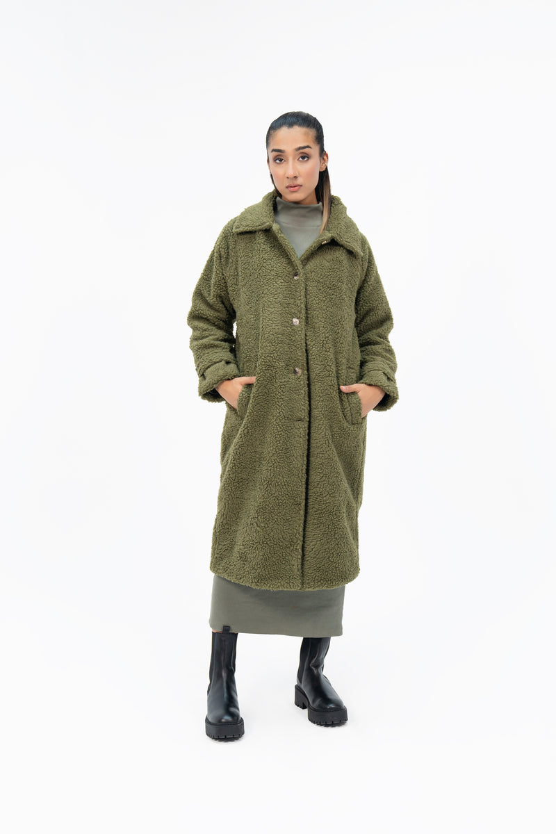 Sherpa Long Coat - Olive