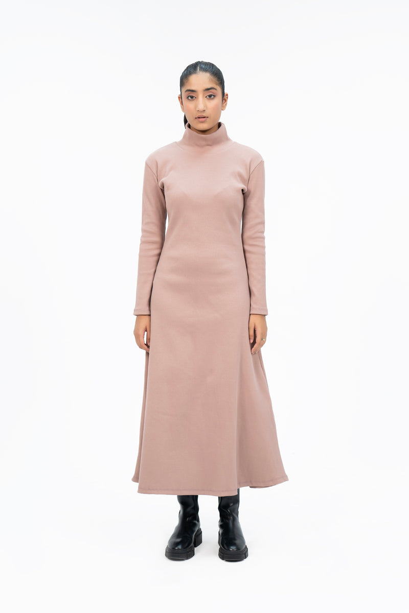 Flared Long Knitted Dress - Tea Pink