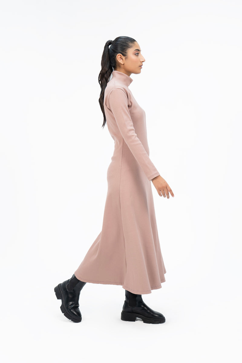 Flared Long Knitted Dress - Tea Pink