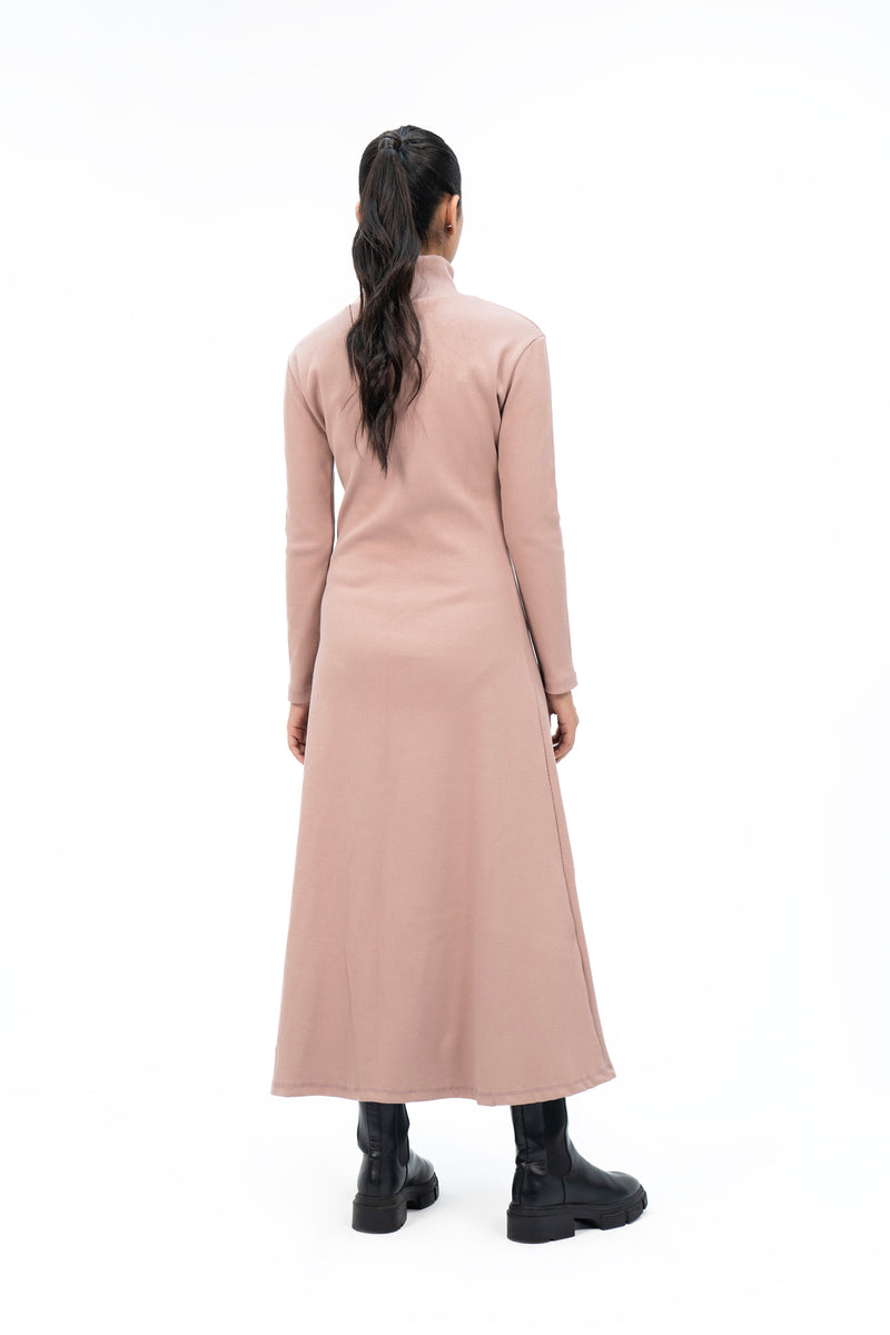 Flared Long Knitted Dress - Tea Pink