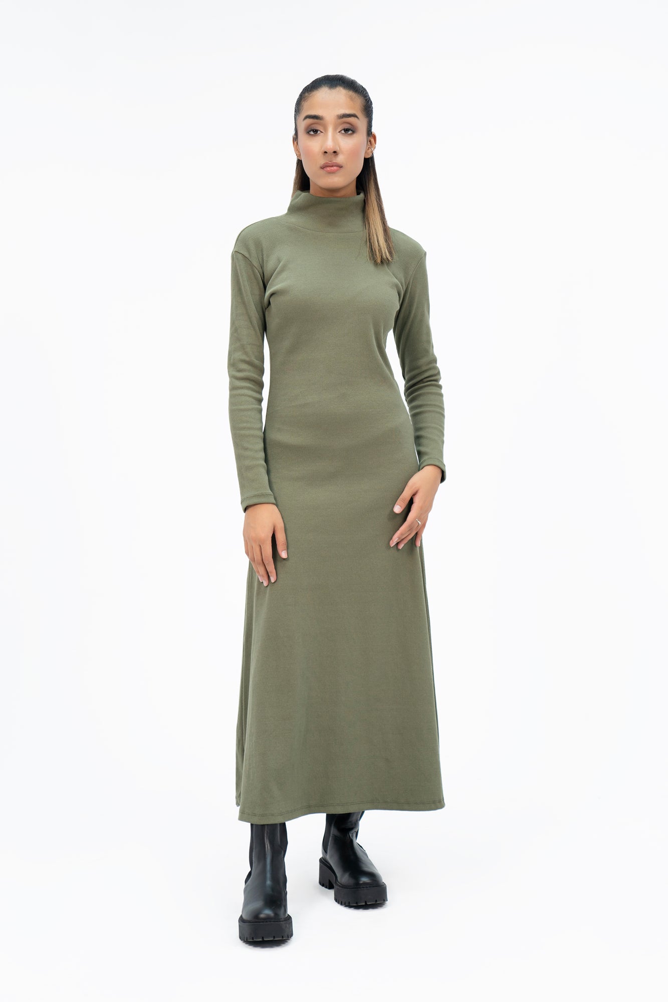 Flared Long Knitted Dress - Green