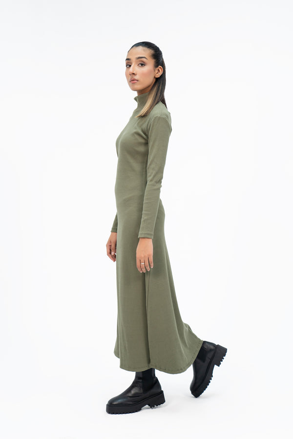 Flared Long Knitted Dress - Green