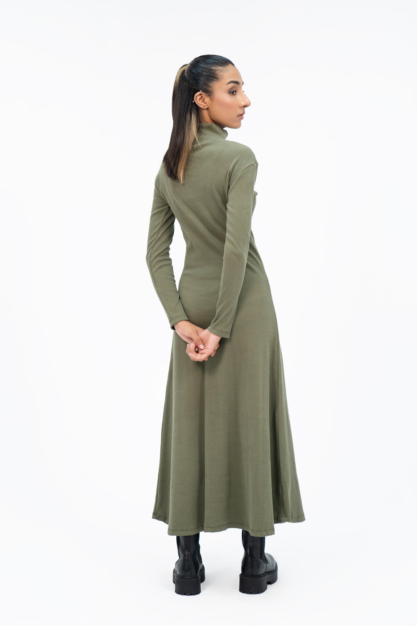 Flared Long Knitted Dress - Green