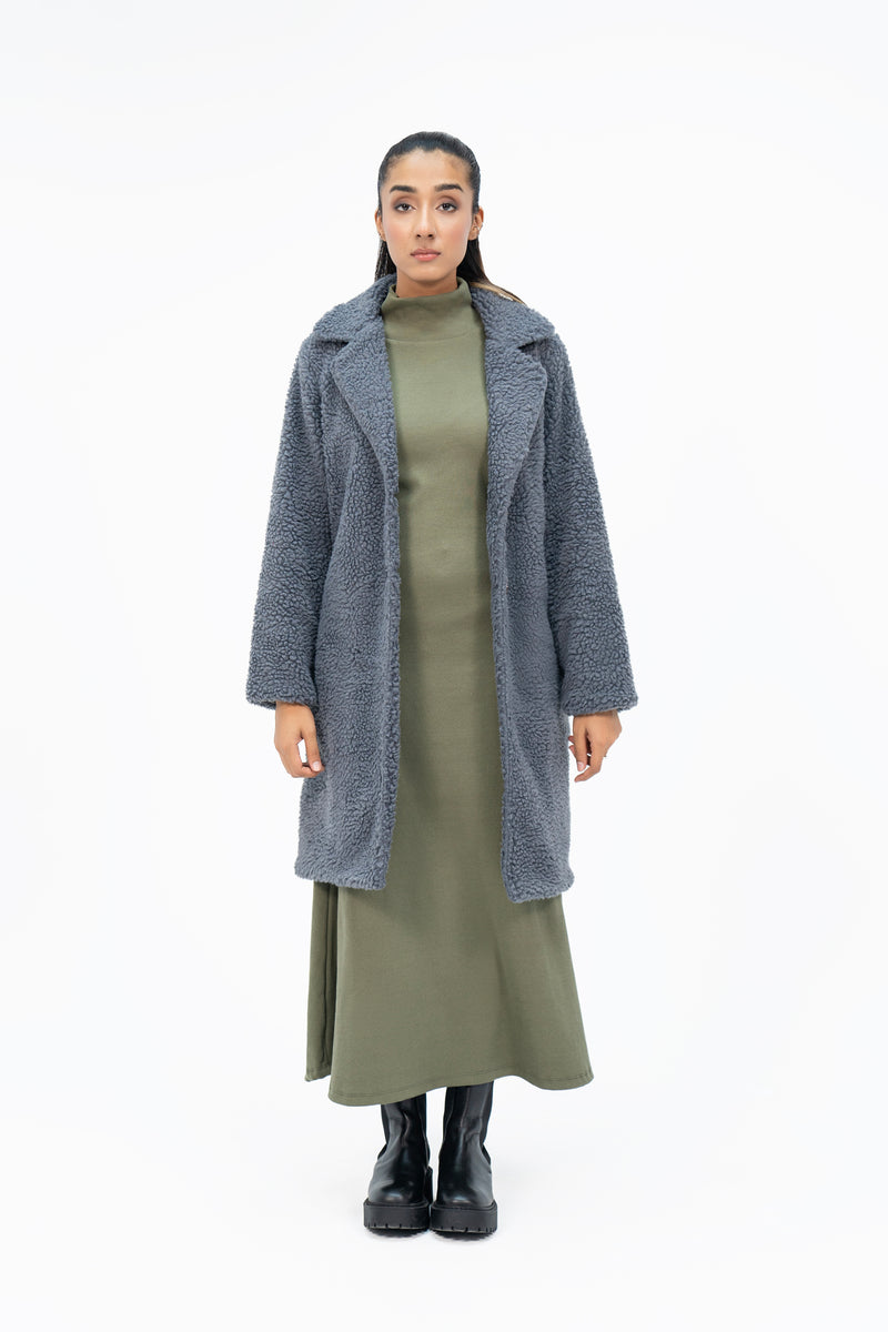 Teddy Faux Fur Oversized Coat - Grey